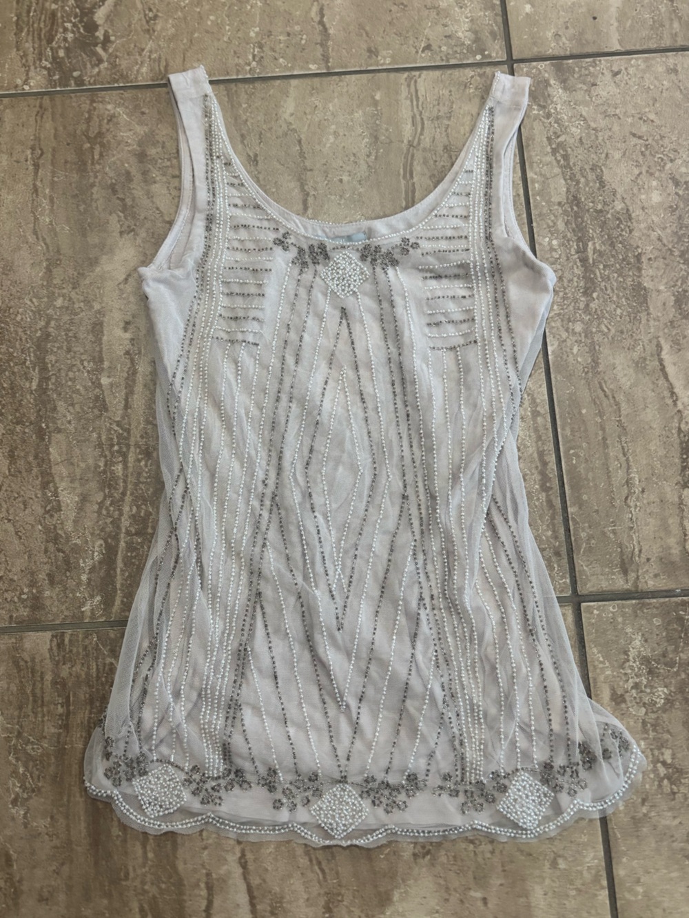 Y2K H&M white beaded fairy tank top with silver beaded geometric design